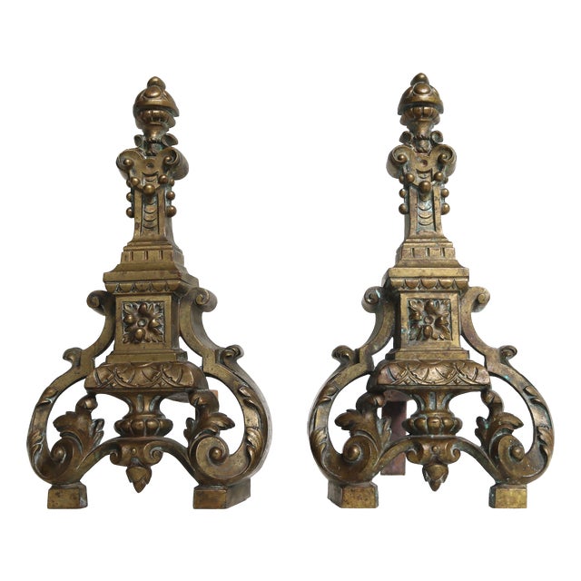 French Baroque Style Brass Andirons, 1890s, Set of 2 For Sale