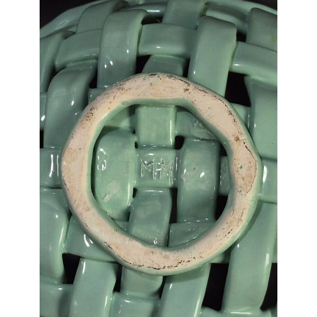Late 20th Century Late 20th Century Italian Majolica Glazed Ceramic Open Weave Teal & White Decorative Basket For Sale - Image 5 of 6