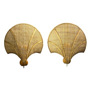 Vintage Italian Rattan Wicker Pine and Brass Scallop Wall Sconces, 1970s, Set of 2 For Sale