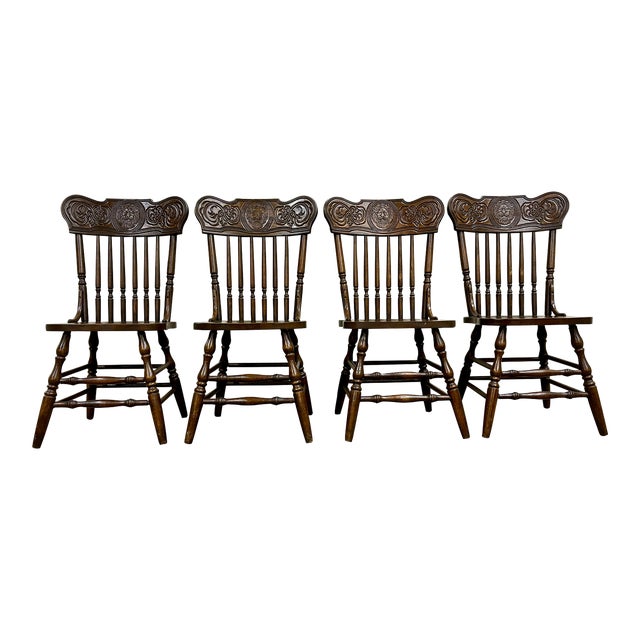 Vintage Oak Lion Head Press Back Traditional Dining Chairs - Complete Set of 4 For Sale