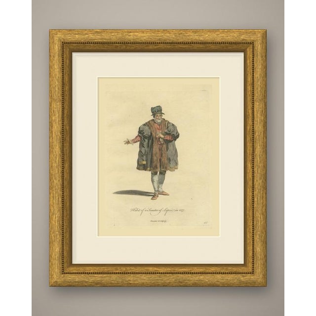 This is an original antique copper engraving with hand coloring, lettered "Habit of a Senator of Lepzic, in 1577." It is...