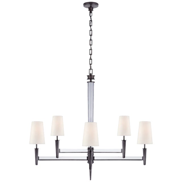 Lyra Two Tier Chandelier in Bronze and Crystal with Linen Shades Designer: Thomas O'Brien Canopy: 5.25" Round Mounting:...