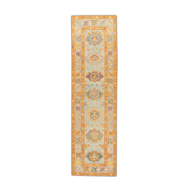 Early 21st Century Turkish Blue & Orange Handwoven Oushak Runner Rug For Sale In Houston - Image 6 of 6