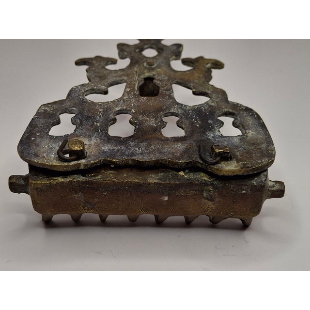 Religious Antique Moroccan Cast Brass Hanukkah Lamp Menorah 19th Century Judaica Oil Lamp For Sale - Image 3 of 18