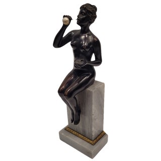 German Artist, Art Nouveau Woman Blowing Bubbles, Bronze and Marble, 1920s For Sale