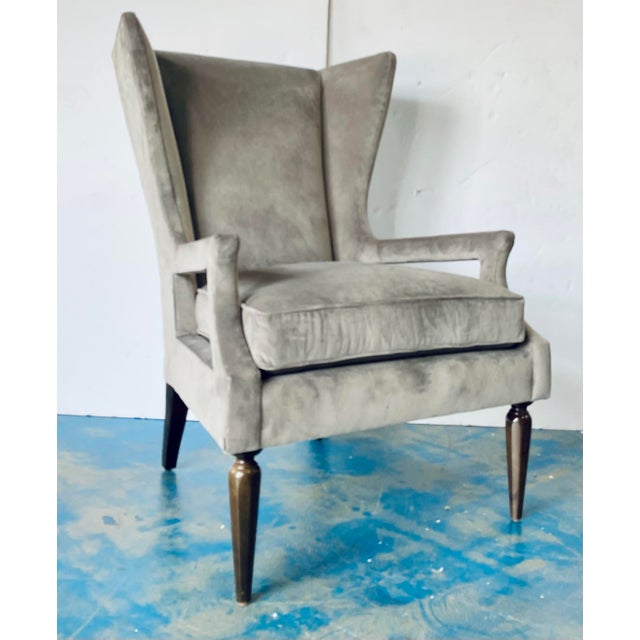 2020s Caracole Modern Gray Velvet Arms Wide Open Wingback Chair For Sale - Image 5 of 8