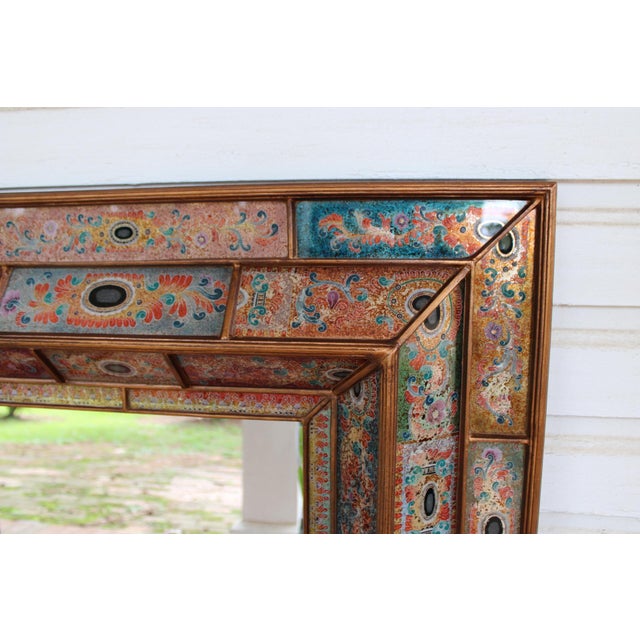 1990s Stunning Large Hand-Made Reverse Painted Glass Paneled Mirror by Artist Robert Weiss, Peru For Sale - Image 5 of 14