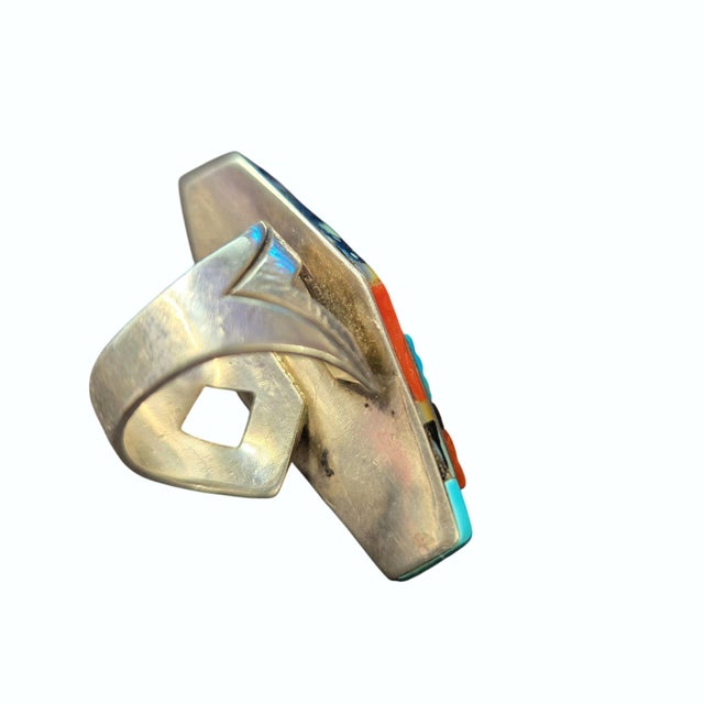 Late 20th Century Richard Begay Mosaic Sterling Turquoise Spiny Oyster Coral & Onyx Coffin Ring Size 8 For Sale - Image 4 of 8