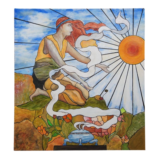 Steve Knowls Art Nouveau Oil Painting After Tiffany's Woman Greeting the Sun 26" For Sale