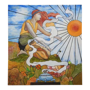 Steve Knowls Art Nouveau Oil Painting After Tiffany's Woman Greeting the Sun 26"