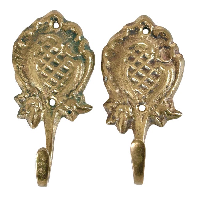 Vintage Brass Wall Hooks – Set of 2 Decorative Brass Coat Hooks For Sale