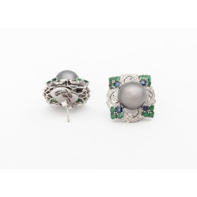 Late 20th Century Art Deco Style 18k White Gold, Pearl, Multicolor Gemstones, and Diamond Earrings For Sale - Image 5 of 10