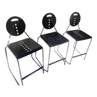 Vintage Loewenstein Designer Black & Chrome Counter/Bar Stools - Set of 3 For Sale