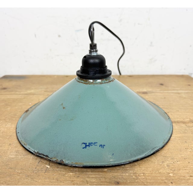 Industrial Petrol Enamel Factory Pendant Lamp, 1960s For Sale - Image 11 of 16