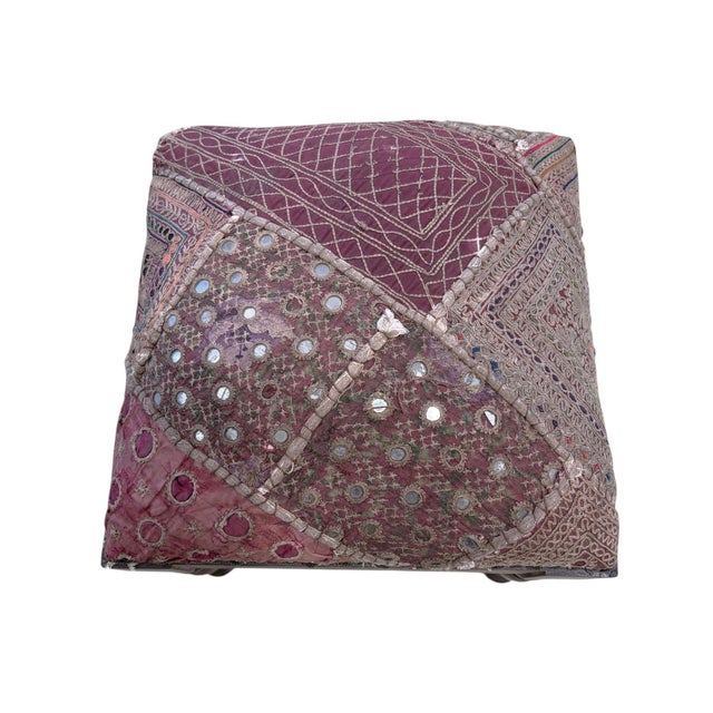 Brown Vintage Stool/Footstool Upholstered W/Kutchi Indian Banjara Fabric With Mirrors 15" H For Sale - Image 8 of 9