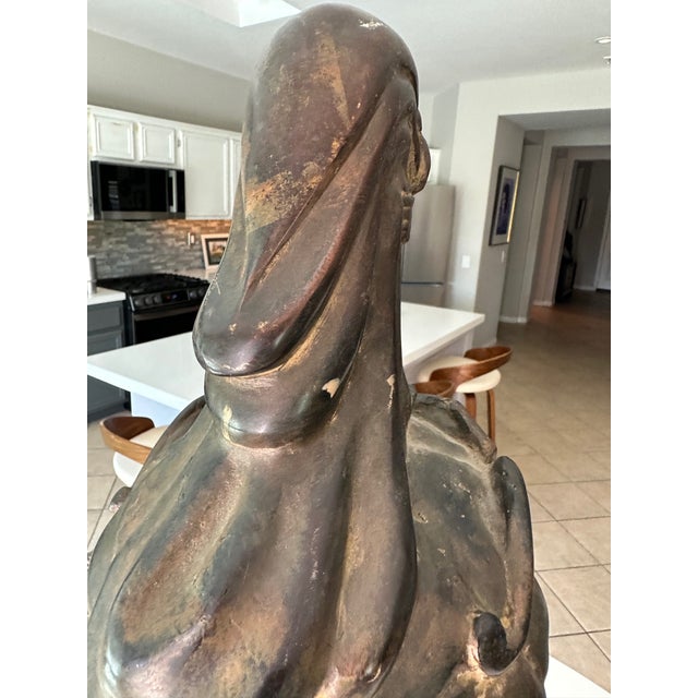 Vintage Gilt Bronze Bust Giltwood Stand Buddhist Deity Kannon Bosatsu For Sale - Image 12 of 17