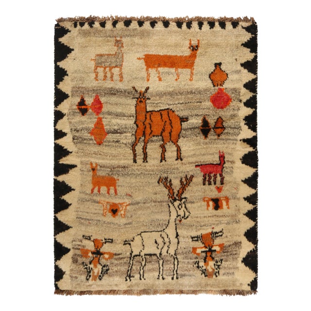 Beige 1950s Vintage Gabbeh Tribal Rug in Beige With Orange Pictorial Patterns For Sale - Image 8 of 8