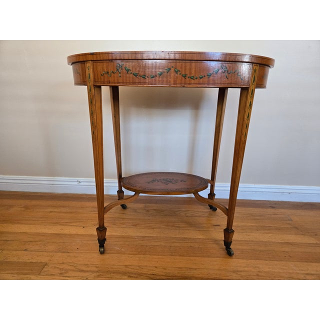 English Early 20th Century Edwardian Sheraton Revival Hand Painted Rolling Table For Sale - Image 3 of 9