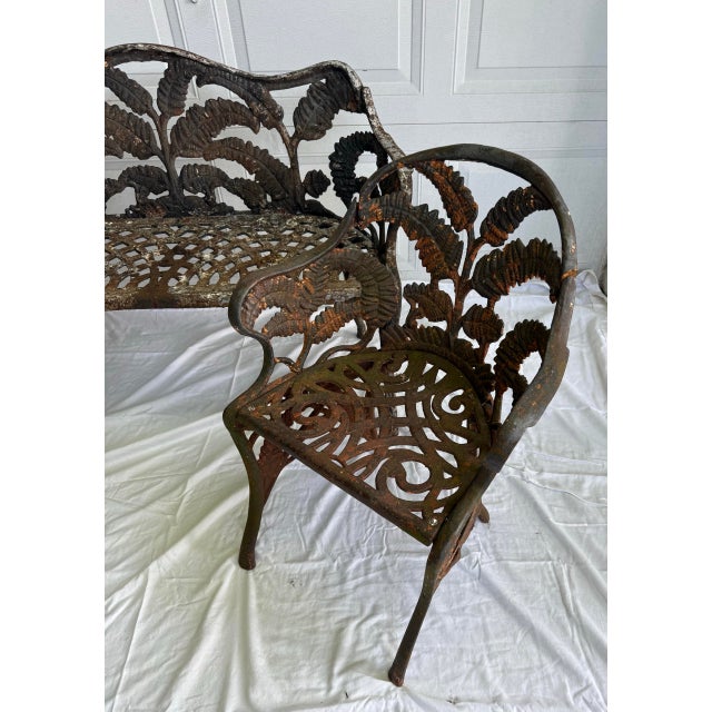 Art Nouveau Antique Fern Cast Iron Bench Plus Two Chairs For Sale - Image 3 of 8