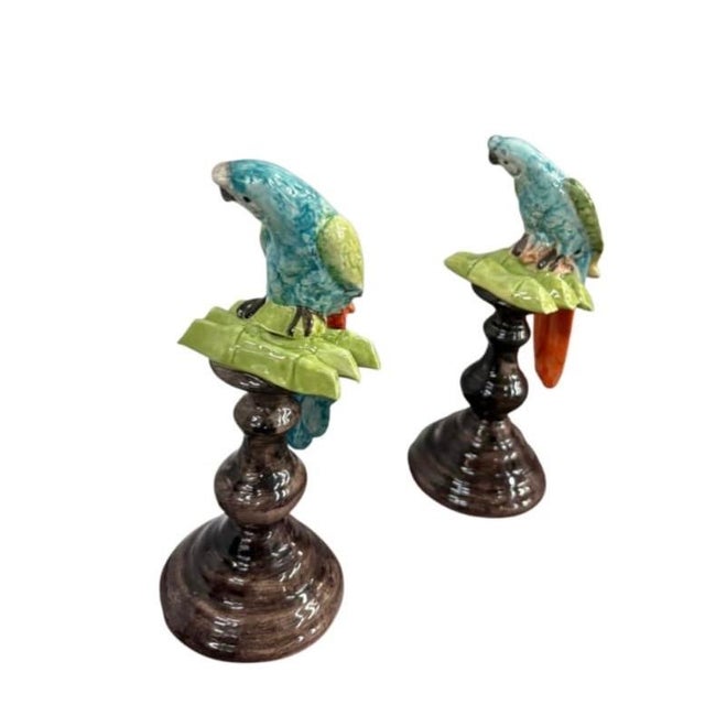 2000 - 2009 Pair of Italian Majolica Ceramic Parrot Sculptures on Pedestals For Sale - Image 5 of 12