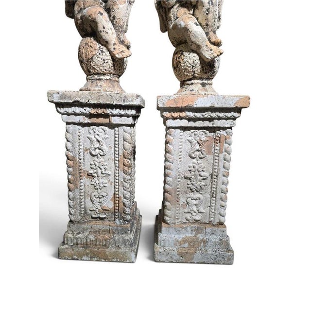 19th Century Italian Terracotta Cherub Sculptures on Pedestals, 1890, Set of 2 For Sale - Image 3 of 11