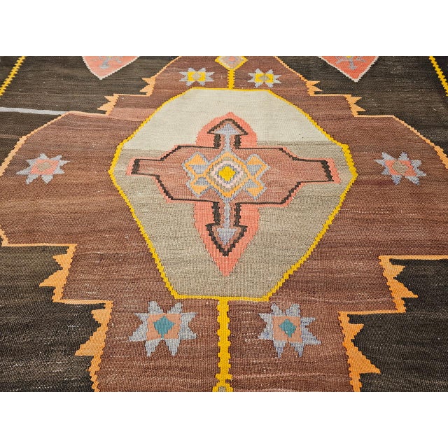 Vintage Turkish Kilim Rug, Handwoven Wool, Chocolate Brown, Pale Green, 7x11 For Sale - Image 13 of 15