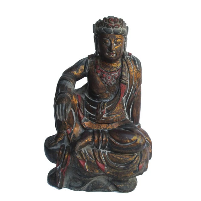 Vintage Chinese Brown Black Golden Wood Kwan Yin Statue For Sale