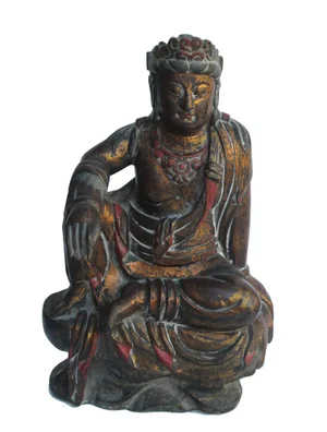 Vintage Chinese Brown Black Golden Wood Kwan Yin Statue