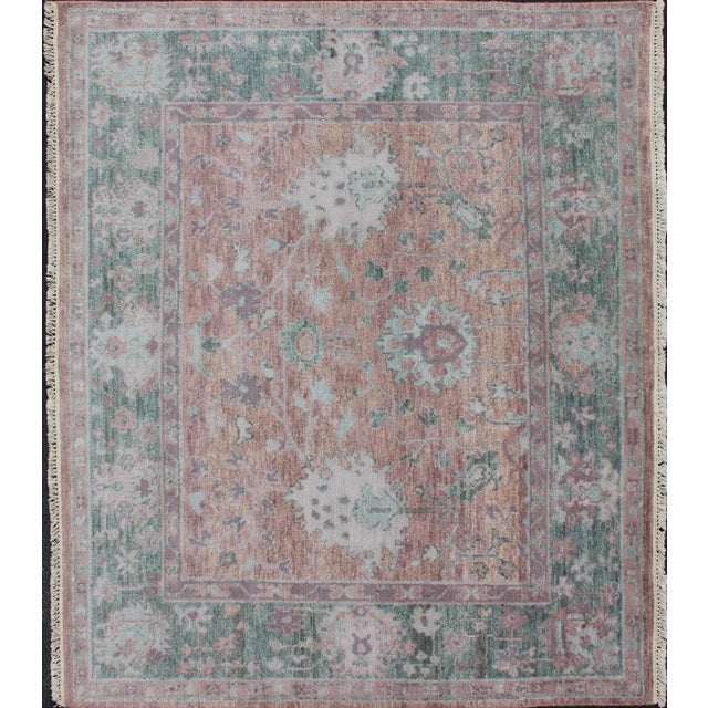 Square Oushak Design Rug in Light Green, Pink and Coral With All-Over Design For Sale - Image 11 of 11