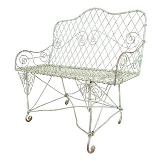 Vintage Wrought Iron Garden Loveseat – Mint Green Patina, Victorian Style For Sale