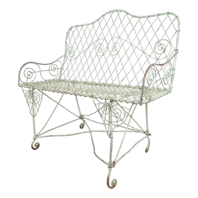 Vintage Wrought Iron Garden Loveseat – Mint Green Patina, Victorian Style For Sale