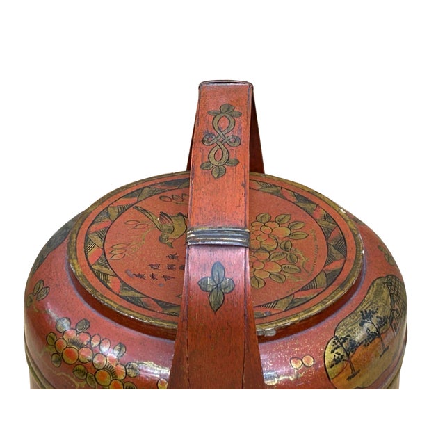 1960s Vintage Oriental Brick Red Golden Graphic Stack Wedding Basket Display For Sale - Image 5 of 18