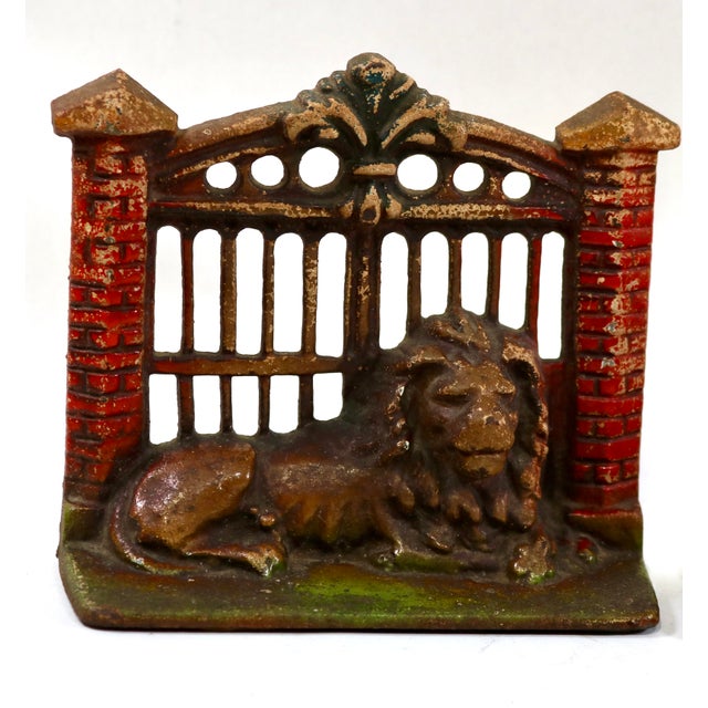 Realism Antique Gaurdian Lion Painted Cast Iron Bookends-a Pair For Sale - Image 3 of 13