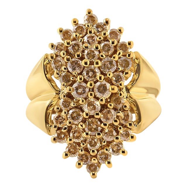 14K Yellow Gold Plated .925 Sterling Silver 1 1/2 Cttw Diamond Cluster Ring (Champagne Color, I2-I3 Clarity) - Size 7 For Sale