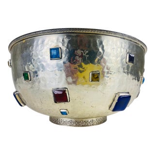 Vintage Bejeweled Silver Plate Hand Hammered Bowl For Sale