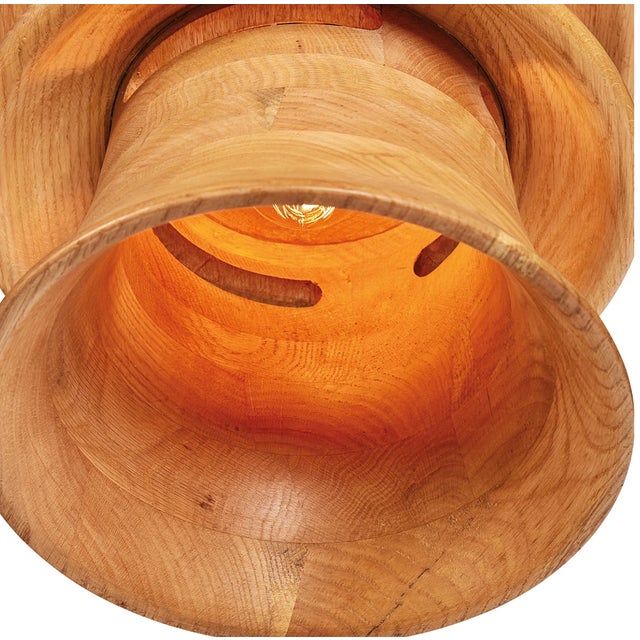 Mid-Century Modern Matthew Izzo Home Large Oak Wood Tier Pendant Light For Sale - Image 3 of 4