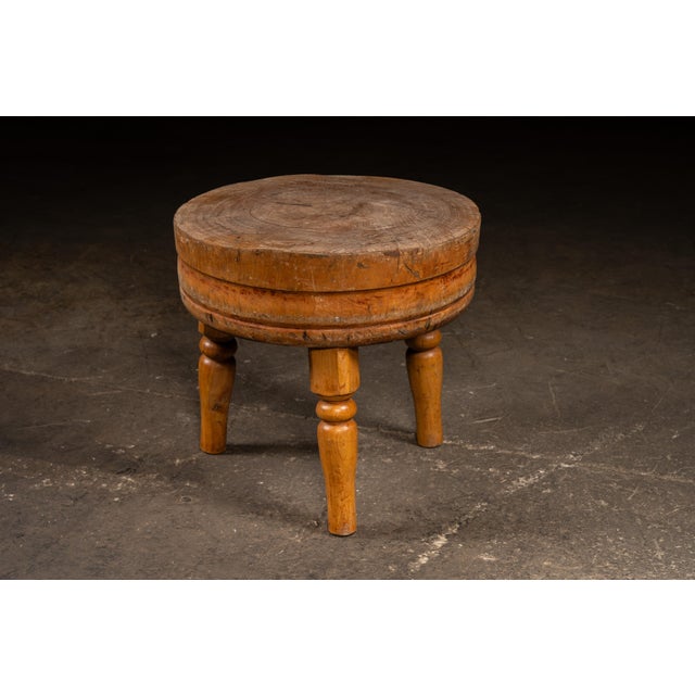 Early 20th Century Round Butcher Block Coffee Table on Wooden Legs For Sale - Image 4 of 7