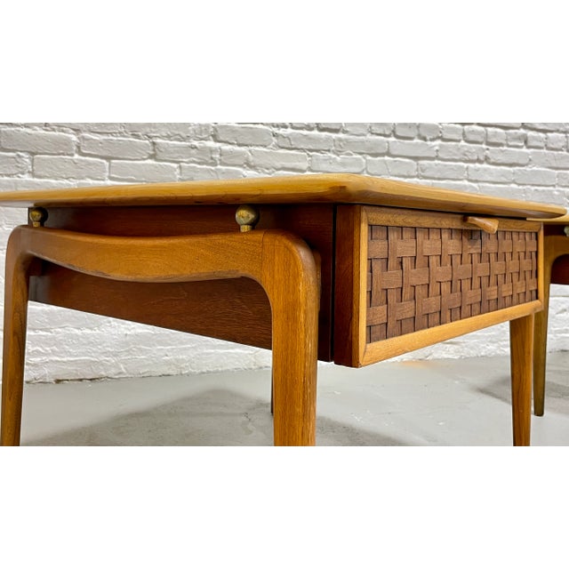 Wood Mid Century Modern Walnut + Oak End Tables by Lane Perception, a Pair For Sale - Image 7 of 12