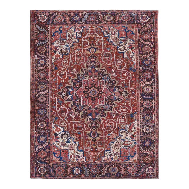 1930 Crimson Red Antique Persian Heriz Rosette Hand Knotted Pure Wool Clean Rug For Sale