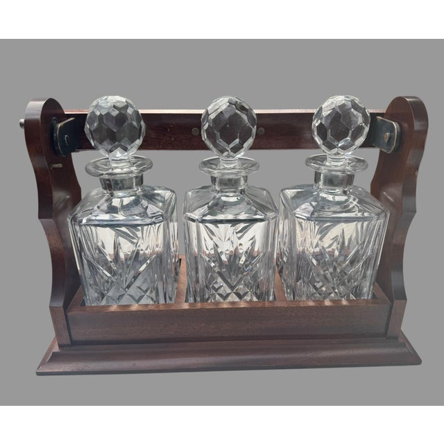 Vintage Mahogany 3 Bottle Tantalus Locking Liquor Decanter Set Cut Glass - 4 pcs For Sale - Image 10 of 11