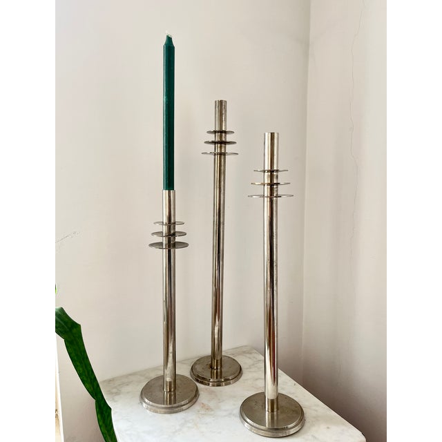 Vintage Art Deco Modernist Chrome Candlesticks, 1930s, Set of 3 For Sale - Image 10 of 17