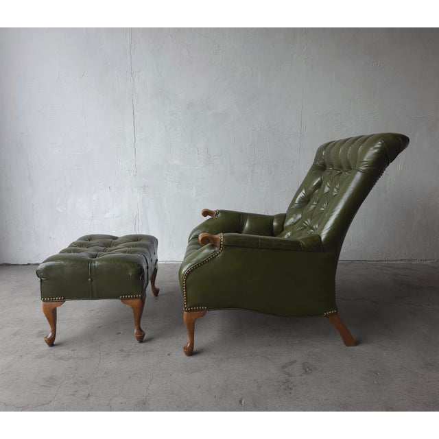 Vintage Green Tufted Leather Sleepy Hollow Chair and Ottoman