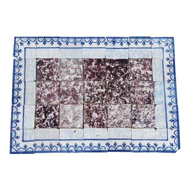 18th Century Tile Mural Panel, Aubergine Spongeware Surrounded by Blue & White Flowers - 35 Pieces For Sale