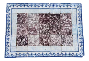 18th Century Tile Mural Panel, Aubergine Spongeware Surrounded by Blue & White Flowers - 35 Pieces