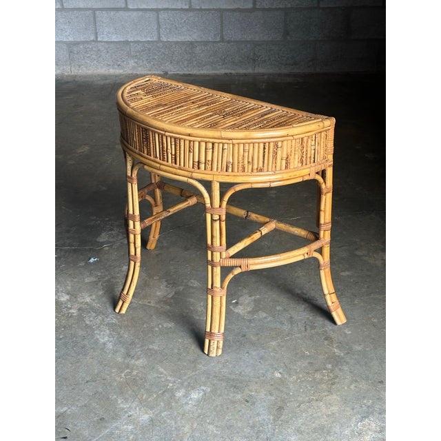 1970s Burnt Bamboo and Rattan Demilune Console Table For Sale - Image 10 of 12