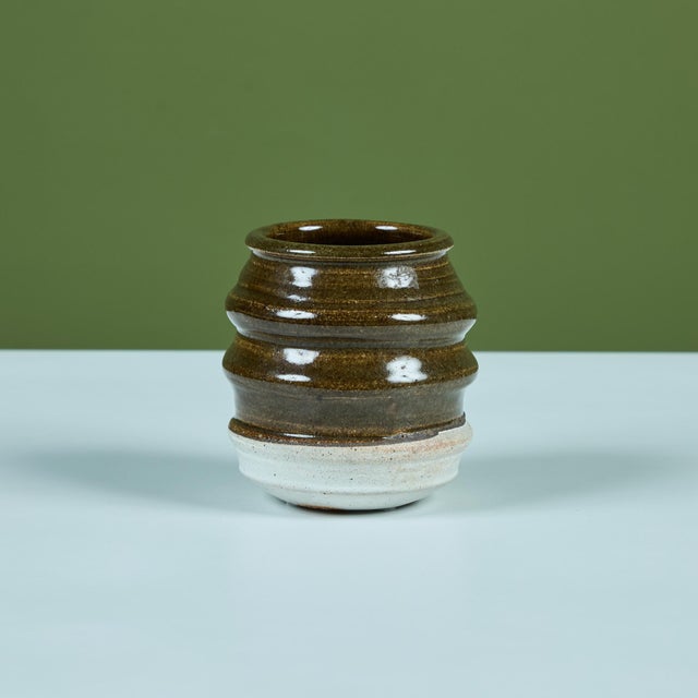 Mid 20th Century Ribbed Stoneware Vessel with Two-tone Glaze For Sale - Image 5 of 11