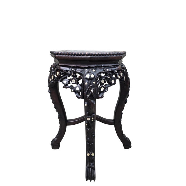 Antique Chinese Carved Side Table With Mother-of-Pearl Inlay For Sale - Image 4 of 7