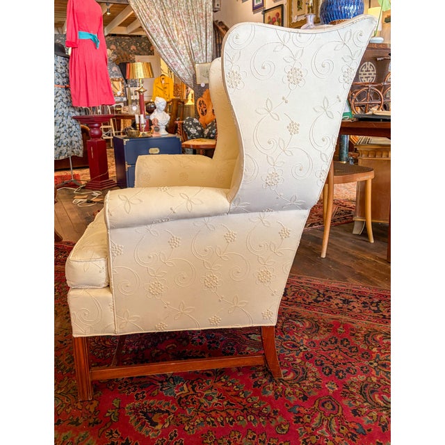 1980s 1980s Hickory Chair Co White Wingback Chair With Tone-on-Tone Embroidery and Matching Ottoman For Sale - Image 5 of 11