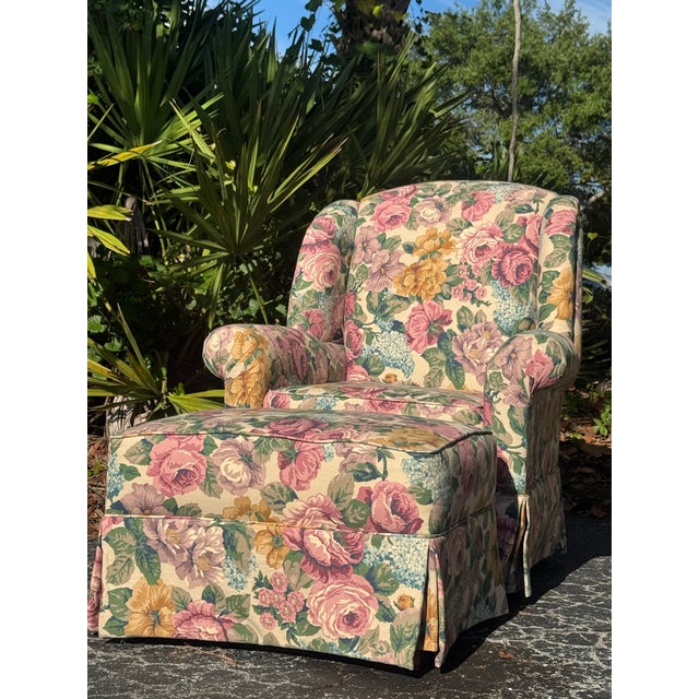 Textile Vintage Hickory Hill Floral Upholstered Armchair & Ottoman | Traditional English Country Style For Sale - Image 7 of 12
