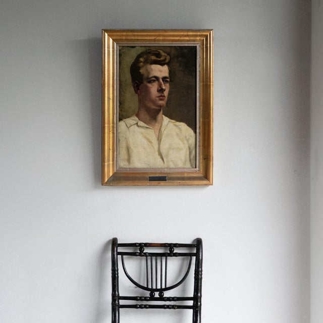 Cream Captivating Portrait of a Man in a White Shirt, Vintage Original Oil Painting, C. 1930s For Sale - Image 8 of 10